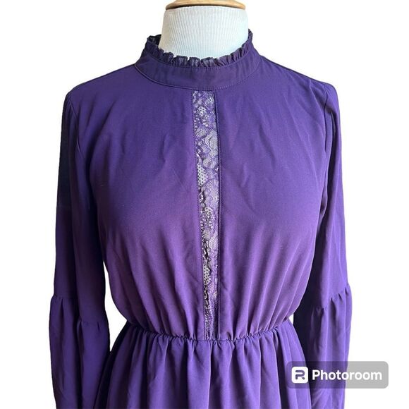 Purple Small Mock Neck Long Sleeve Tiered Keyhole Closure Lace Detail Mini Dress - Picture 2 of 5